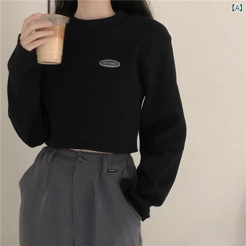Long-Sleeved - Tシャツ 長袖 アメカジ ダンス クラブ へそ出し 薄手 ヒップホップ 衣装 KPOP カジュアル レジャー 通学 休日 ホームウェア 快適コーデ レディース