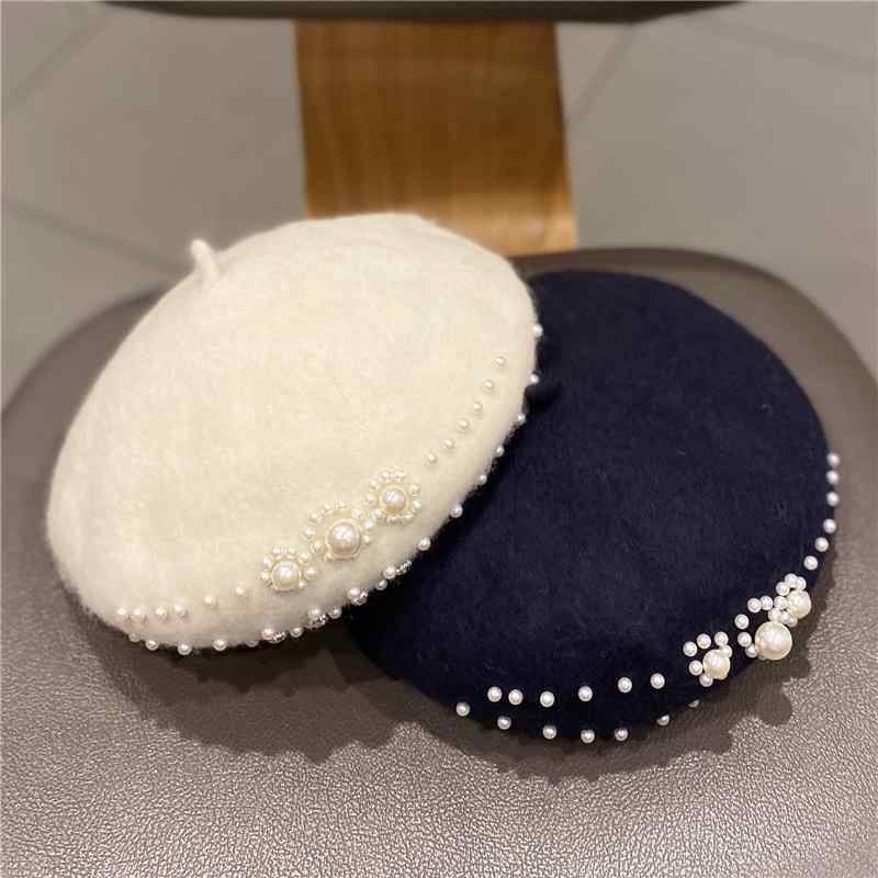 レディース 秋 冬 ウール ベレー 帽 かわいい レトロ 英国 パールラインストーン つぼみ 帽子 八角形 ..