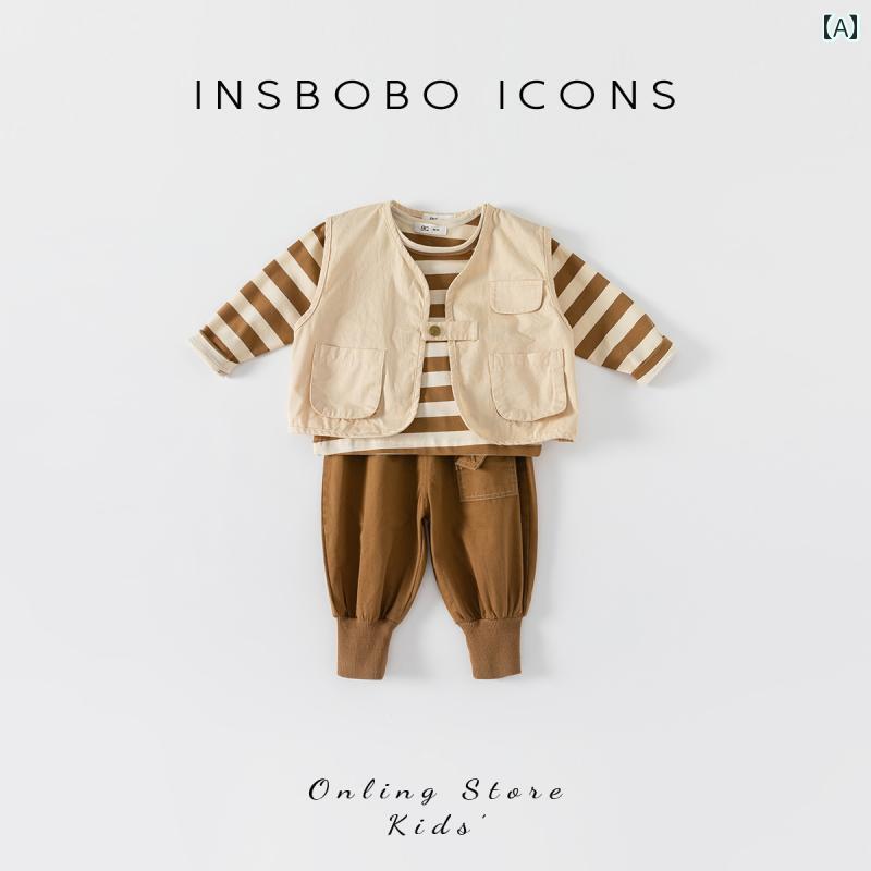 子供服 男の子 スーツ 3点 Tシャツ ベスト パンツ 長袖 春秋 普段着 通園 ホームウェア 幼児服
