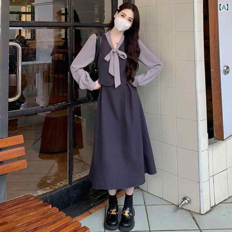 レディース 春 レースアップ リボン フェイク ツーピース ドレス 大きめ サイズ フレンチ ハイエンド ウエスト ミドル丈 スカート