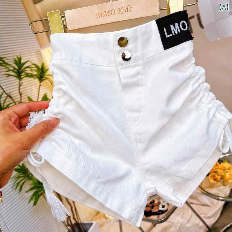 パンツ キッズ ファッション 女の子 夏 カジュアル スタイル 巾着 無地 ラベル ハイウエスト 白 ショート デニムショートパンツ