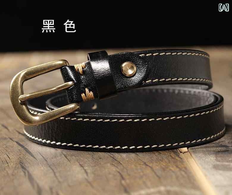レディース ジーンズ ベルト おしゃれ 銅 バックル レトロ 狭い 黒 装飾 最 初層 牛革 ピン