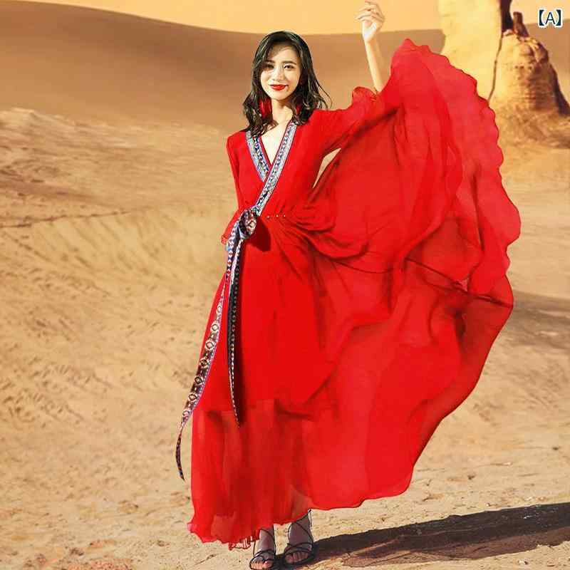 レディース リゾート ワンピース エキゾチック フォト ドレス ロング エレガント ビーチ 女性 シーサイド エスニック 休暇 砂漠 レッド