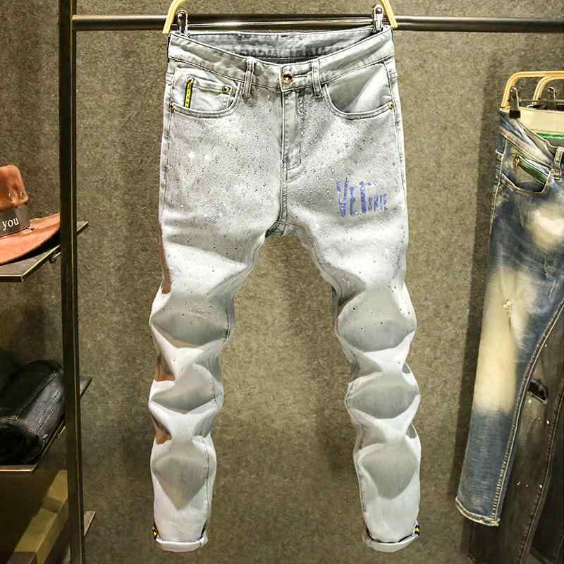 Skinney Pants - メンズ コットン ストレッチ デニム おしゃれ Gパン カジュアル グレー プリント ジーンズ スリムフィット ストレッチ ロング パンツ