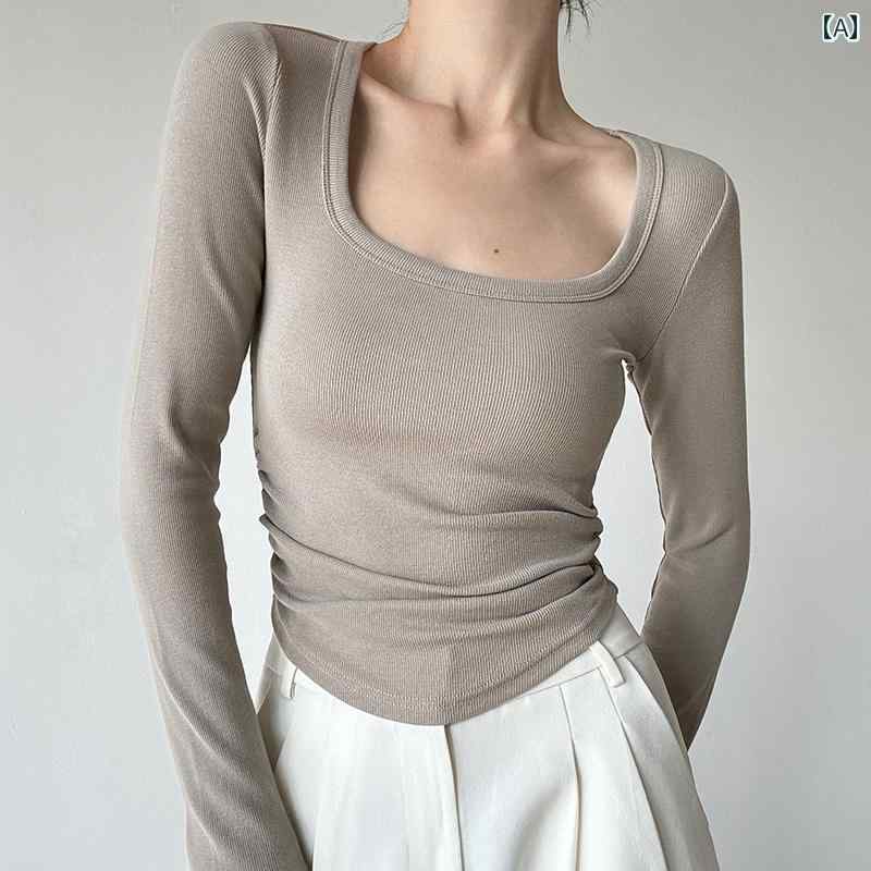 レディース トップス 春秋 タイト スタイリッシュ 魅惑的 ガール スリム スクエアネック 鎖骨 長袖 ニット シャツ 女性 サイド プリーツ T