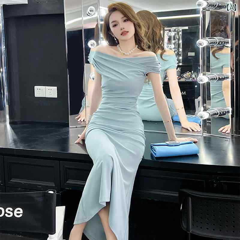 レディース 夏 ワンピース おしゃれ フレンチ ワンショルダー ドレス 女性 オフショルダー 魅惑 タイト ウエスト プリーツ ヒップ カバー ミドル丈 フィッシュ テール スカート