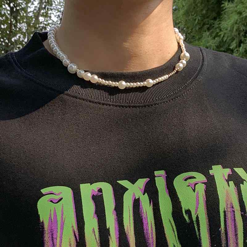 メンズ 非対称 ビーズ 人工 パールネックレス アメリカ イン ファッション 個性的 鎖骨 チェーン