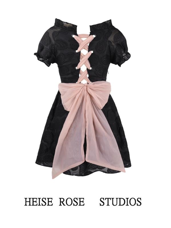 レディース 夏 サマー ワンピース 大人かわいい ダークナイト エルフ レースアップ バック リボン ドレス ウエスト スリム a ライン ショート スカート