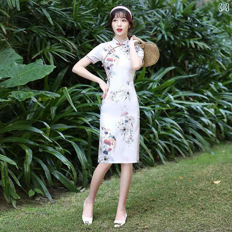 チャイナ ドレス エレガント ミドル丈 デイリー レトロ ガール 小さい スリム