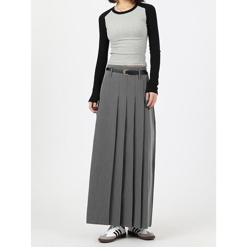 スカート レディース ボトムス グレー プリーツ a ライン 女性 夏 ハイウエスト カレッジ ドレープ スーツ ロング