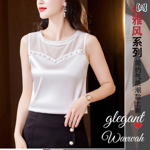 レディース 夏 ノースリーブ ベスト サマーブラウス フィットトップ スタイリッシュ おしゃれ 春 ビーズ 小さい キャミソール シャツ 女性用 サテン 大きいサイズ アウター トップス