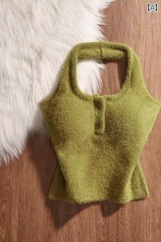 タンクトップ キャミソール ホルターネック ノースリーブ 秋冬 暖かい ショート丈 タイトフィット スリム 女の子 トップス モダン セクシー 魅惑 アーバン レディース