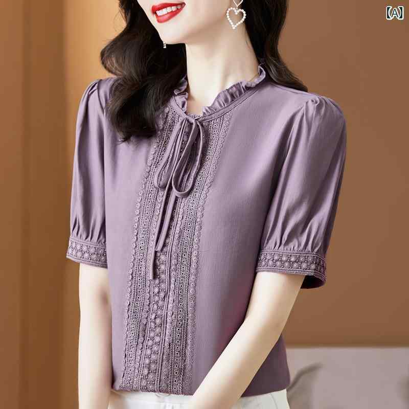 樂天商城 - レディース 夏 ブラウス 半袖 婦人服 レディース トップス シャツ ブラウス 半袖 サテン 半袖 シンプル 通勤 オフィス レース