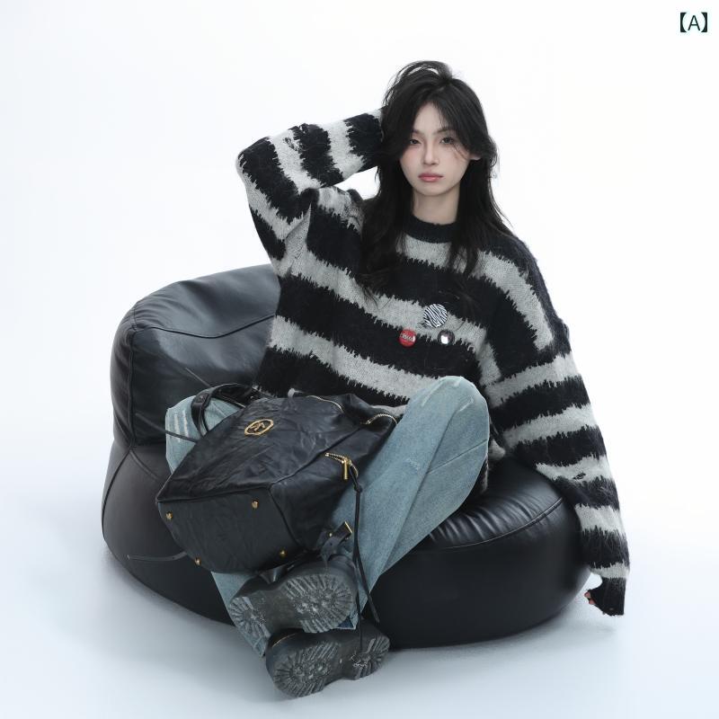 Three-Quarter Knit - セーター 秋冬 レディース アメリカン バッジ クラシック ほつれ ストライプ オーバーサイズ ニット