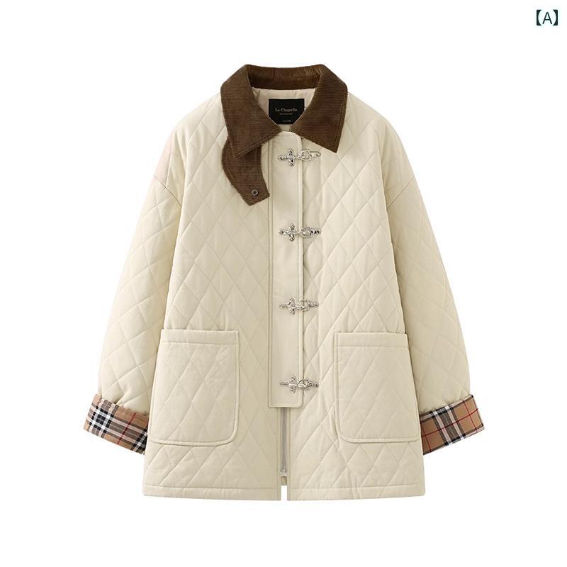 レディース ファッション アウター トップス ジャケット レトロ 菱形 コットン メタル バックル 厚手 ..