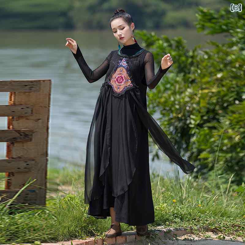 レディース エスニック レトロ ステッチ 刺繍 スイングフリーサイズ 赤 黒