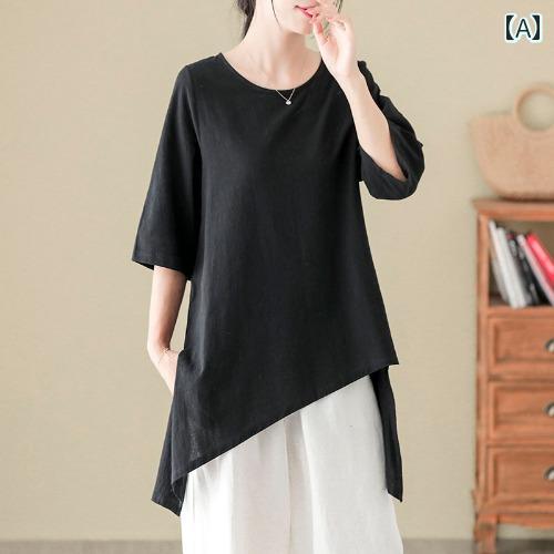 レディース カジュアル シャツ トップス おしゃれ お母さん 普段使い 婦人服 中華風 綿 リネン レトロ 秋 七分袖 ロング 女性 T 不規則