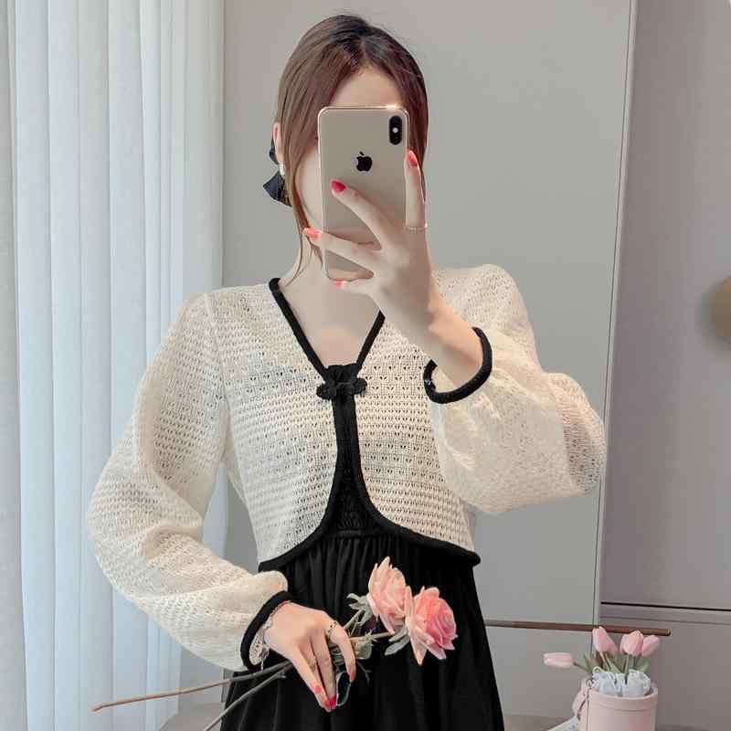 スカート レディース 秋 ニット 薄い 日焼け防止 服 ブラウス サスペンダー カーディガン ショート チャイナ ボタン ショール