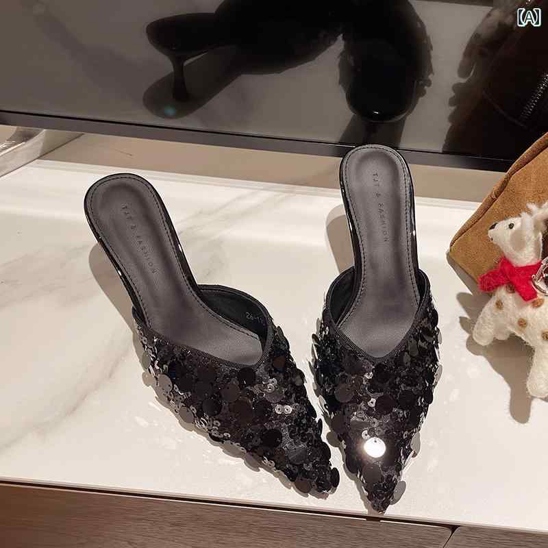 レディース レディース 婦人 サンダル 靴 シューズ 春夏 ミュール ヒール ブラック ポインテッドトゥ ..