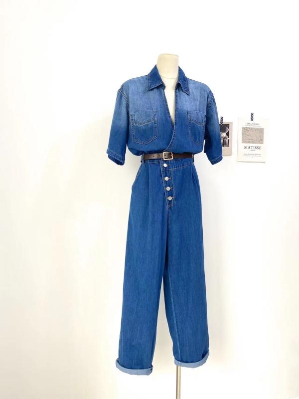 オーバーオール つぎ レディース カジュアル おしゃれ 作業着 夏 レトロ グラデーション Vネック ファッション ハイウエスト デニム ジャンプ スーツ ズボン