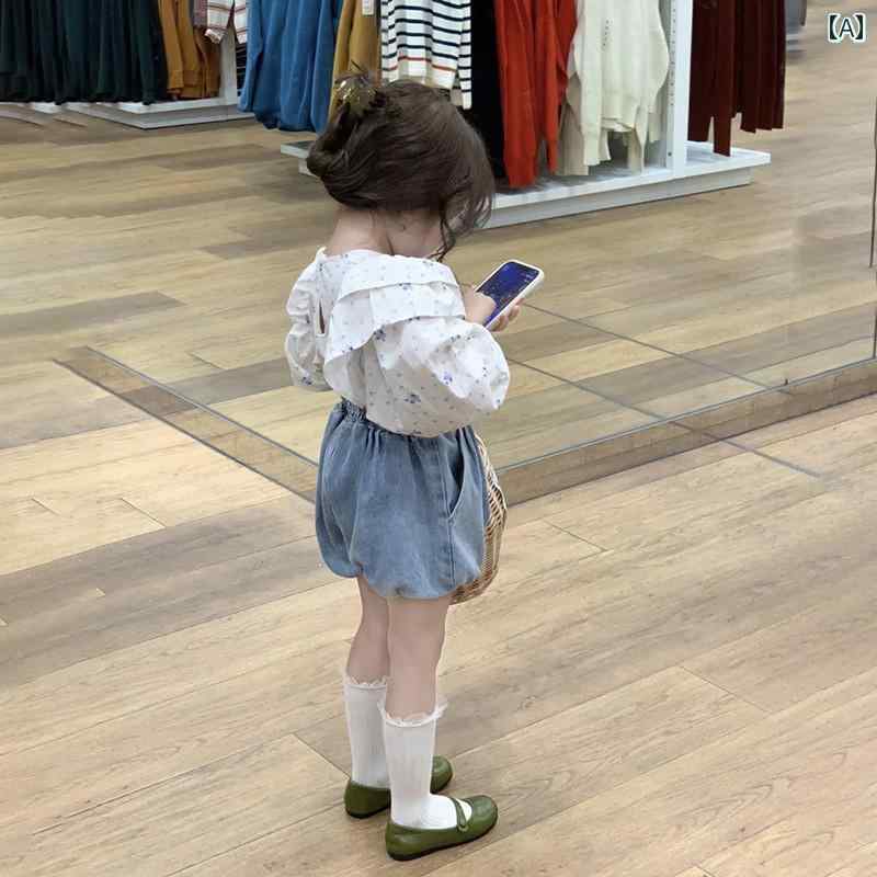 シャツ キッズ ファッション 韓国 スーツ 子供服 春 スタイル 女の子 カジュアル 長袖 花柄 デニムショートパンツ 2点 セット