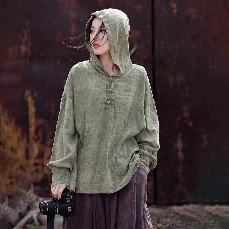 レディース トップス エスニック ボヘミアン 婦人服 シャツ 長袖 フード付 チャイナ風 中華風 リネン Tシャツ レトロ 絞り染め シルエット 薄手