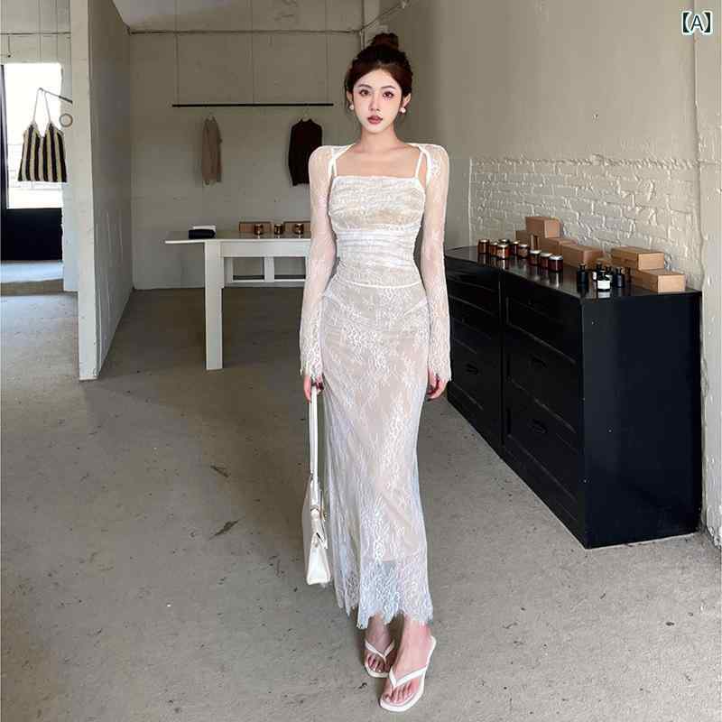 レディース ワンピース エレガント ベルト レース ロング ドレス カーディガン ブラウス ストラップ ウエスト スリム ツーピース スカート