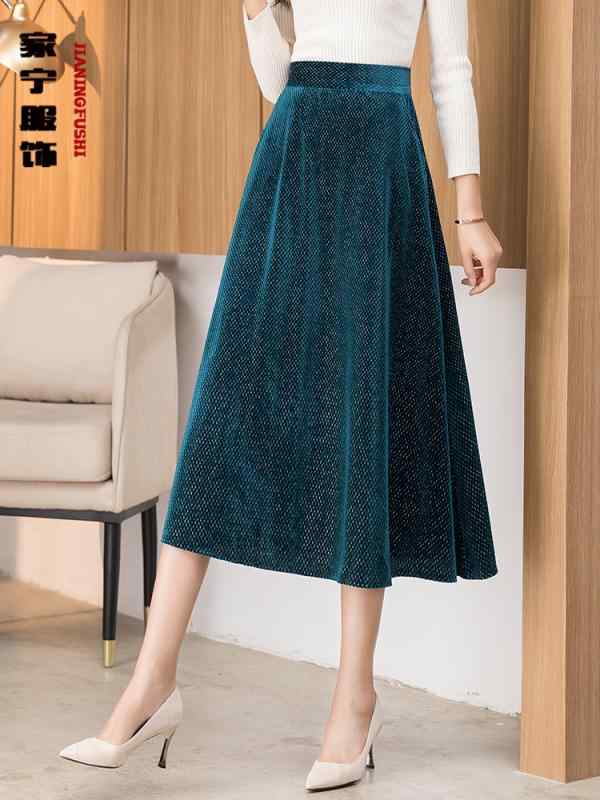 スカート レディース 秋 冬 ブライト ゴールド ベルベット ミドル丈 ハイエンド スリム ハイウエスト 大きいサイズ a ライン