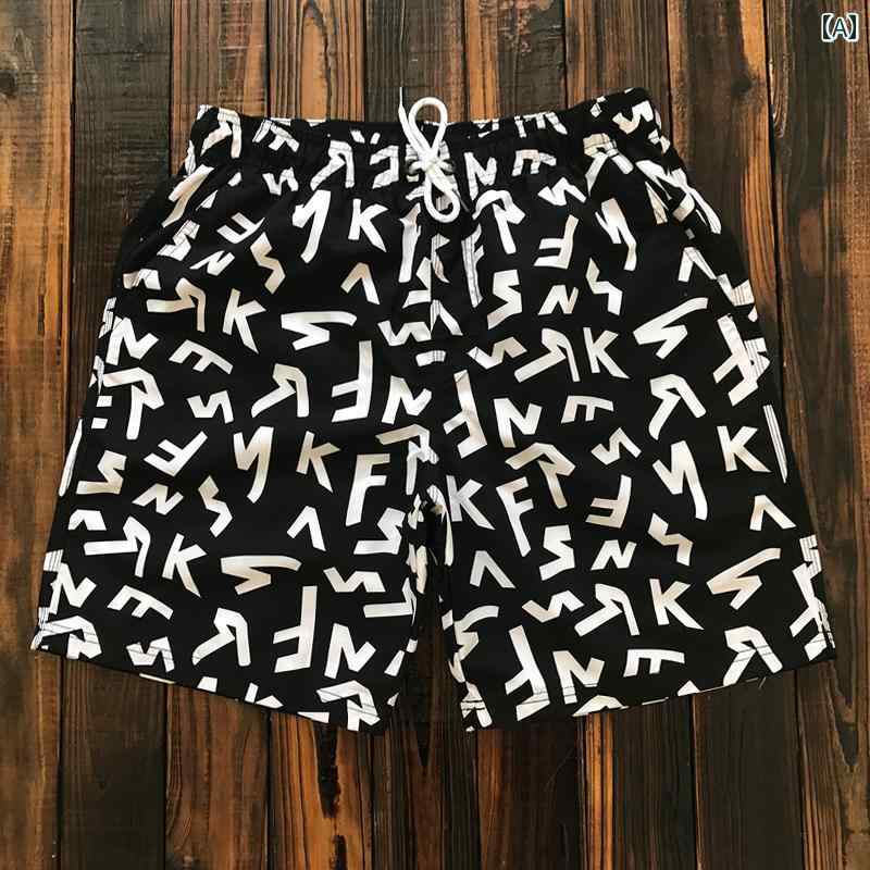 メンズ パンツ ビーチ 海パン 水着 プール サーフィン 海水浴 水泳 レター プリント 五分丈 速乾 海辺 ..