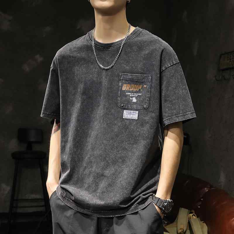 Tシャツ メンズ アメリカン 半袖 シャツ 夏 グレー 汚れにくい ウォッシュド コットン ゆったり 大きめサイズ ラウンドネック 五分丈 フィット ファッション かっこいい