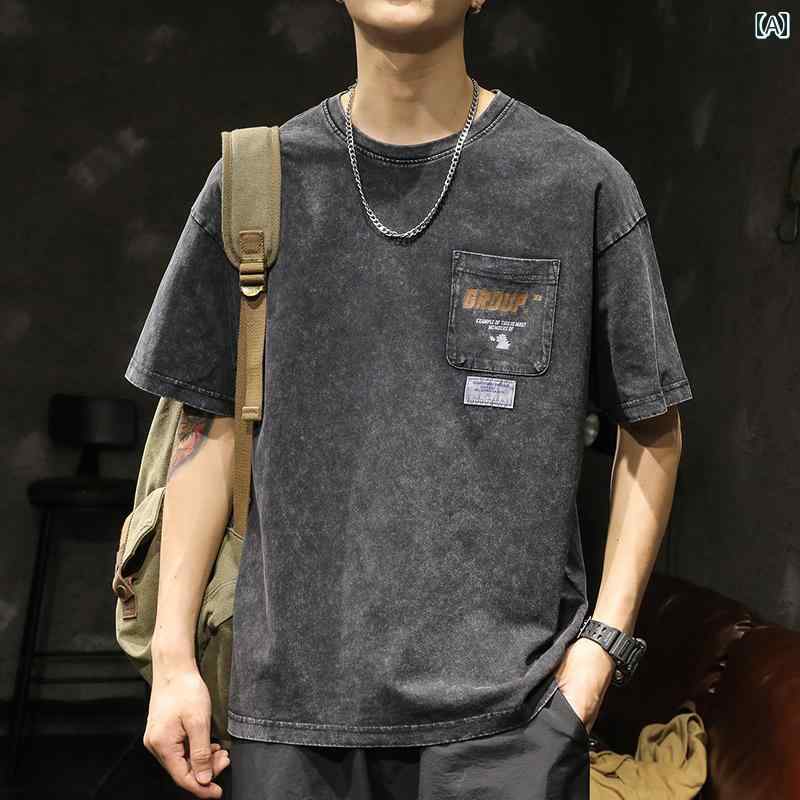 Tシャツ メンズ アメリカン 半袖 シャツ 夏 グレー 汚れにくい ウォッシュド コットン ゆったり 大きめサイズ ラウンドネック 五分丈 フィット ファッション かっこいい