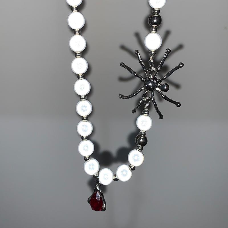 ネックレス フェミニン ゴシック サブカル レディース パンク 蜘蛛 反射 パール 個性 スパイダー ペンダント 鎖骨 チェーン カジュアル