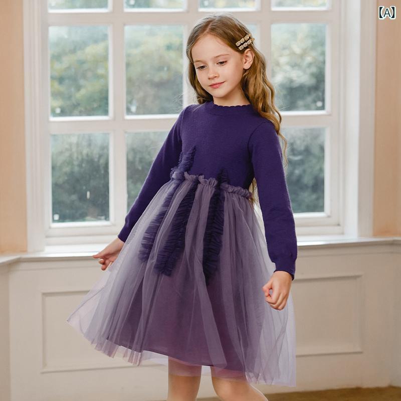 ドレス キッズ ワンピース おしゃれ かわいい 女の子 子供服 リトル ナイーブ 春秋 キノコ エッジ ニット パフスリーブ メッシュ プリンセス