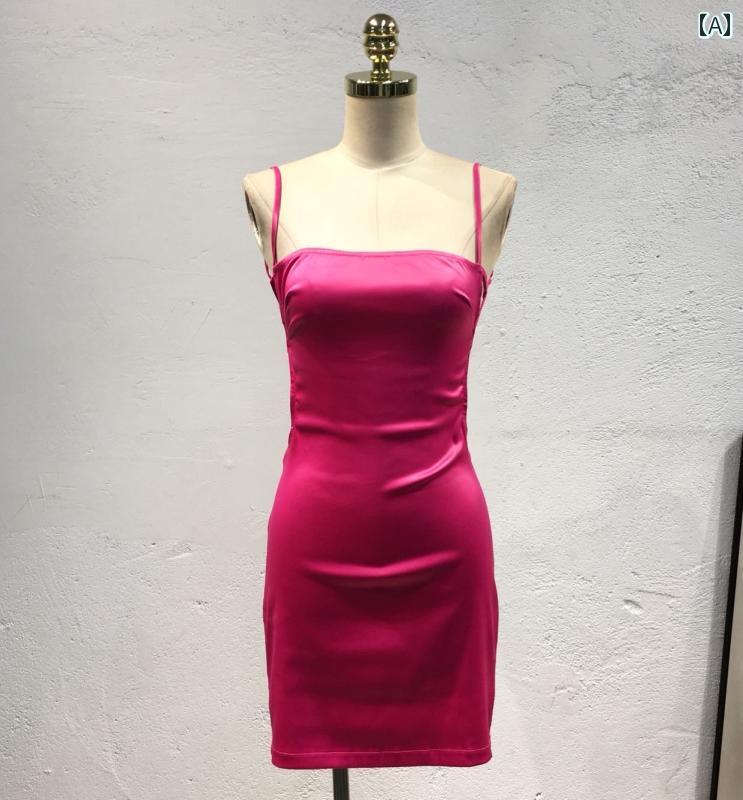 レディース ワンピース アメリカン 魅惑的 大きい バックレス 高級感 サテン レトロ ワン ライン カラー サスペンダー スリム ドレス