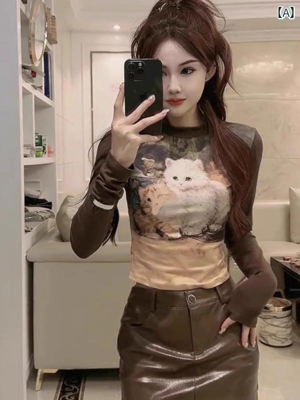 レディース 秋冬 長袖 トップス 衣装 猫プリン Tシャツ レトロ スウィート ガール シャツ スリム かわ..