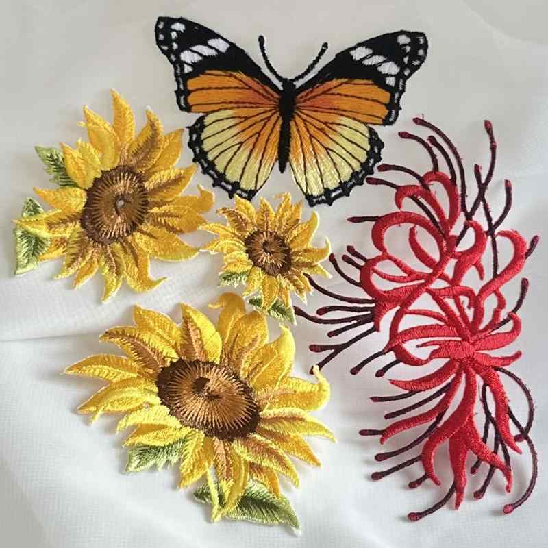 ステッカー パッチ アップリケ ヒマワリ 花 蝶 刺繍 布 服 スカート 衣服 装飾 アクセサリー バッグ リ..