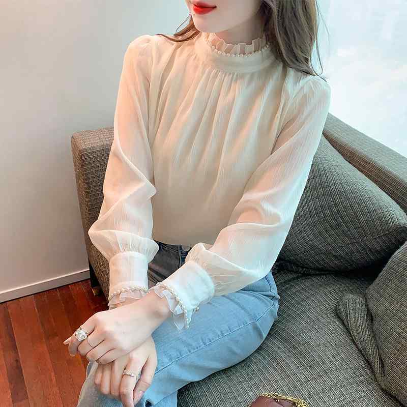 シャツ レディース 秋 シフォン かわいい入り ビーズ ハーフ タートルネック トップス 美しく ユニーク 小さい