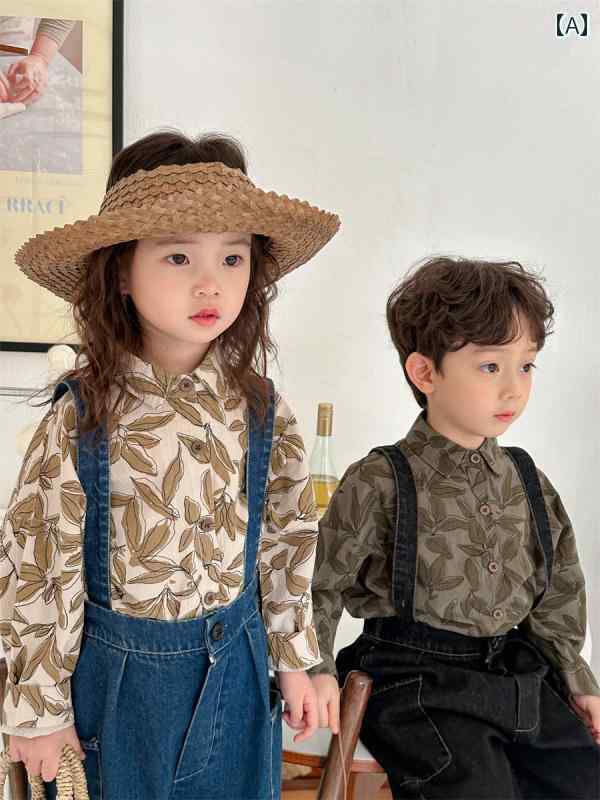 トップス シャツ キッズ カジュアル 子供服 男の子 女の子用 子供用 春用 長袖 リーフ プリント ベビー フォレスト レトロ カーディガン