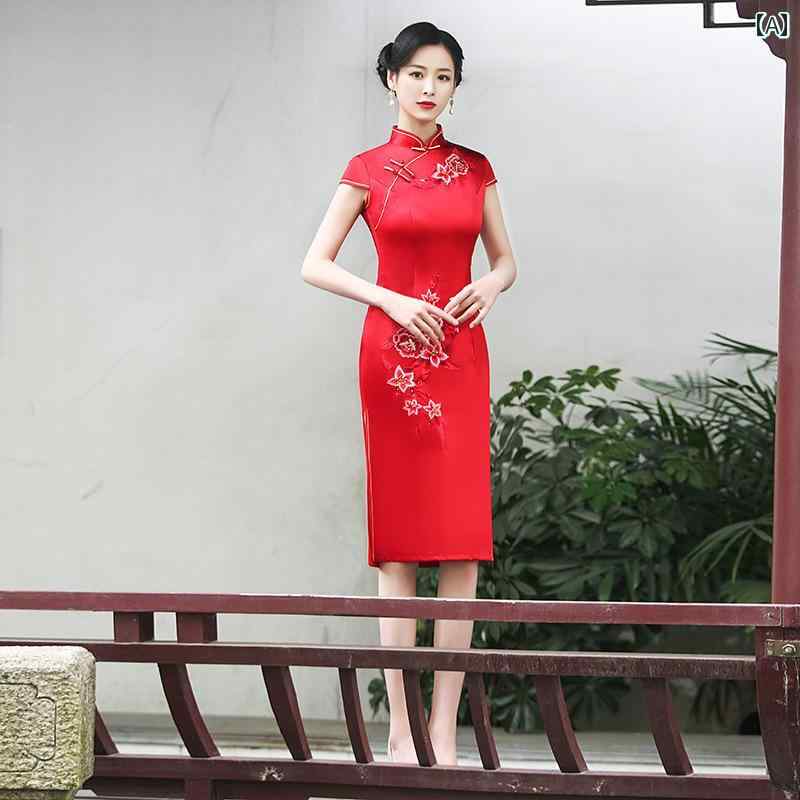 ドレス レディース チャイナ かわいい パフォーマンス 撮影 衣装 ミドル丈 刺繍 赤い ブライダル ウェア 中国 乾杯 ウェア パーティー