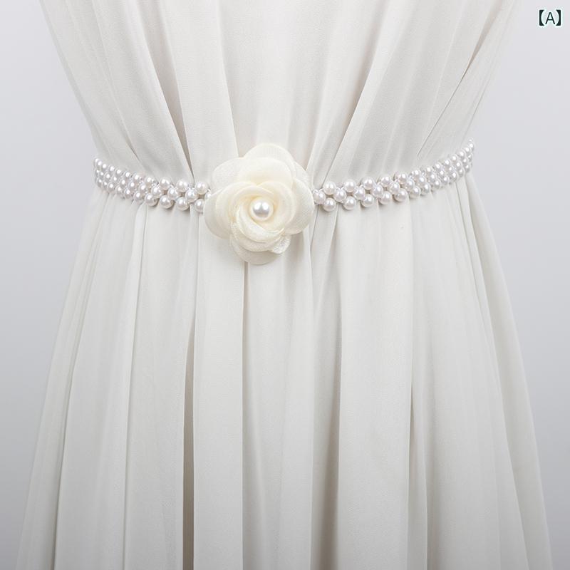 紐ベルト アクセサリー 大人かわいい 韓国 ベルト フラワー スカート ティーンエイジャー 合金 ピンク ブラック ホワイト パーティー ウエストベルト アップ パール エレガント 上品 豪華感
