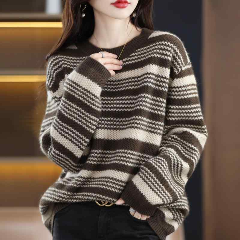 Three-Quarter Knit - シャツ レディース 秋 冬 ニット ウール セーター ゆったり 用 ラウンドネック セーター ストライプ トップス ボトム