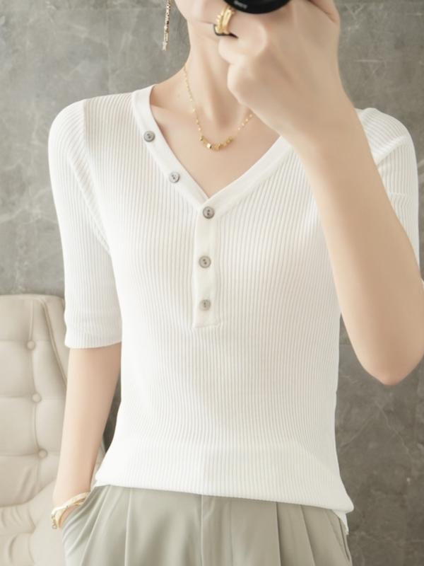 V-Neck - トップス レディース カジュアル セーター スタイリッシュ 冷感 Vネック 半袖 セーター 夏 小柄 五分袖 薄手 スリムフィット おしゃれ