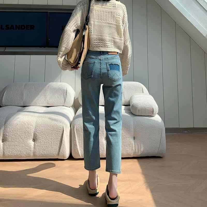 Straight Jeans - デニム パンツ ズボン ボトムス レディース おしゃれ レディース ストレートレッグ ジーンズ 春秋 薄手 ハイウエスト スリム シガレットパンツ ジッパー デニム