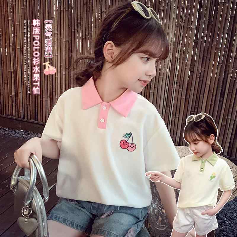 女の子 ポロシャツ トップス 夏 子供服 かわいい 普段着 服 韓国 ゆったり 半袖 シンプル カジュアル ..