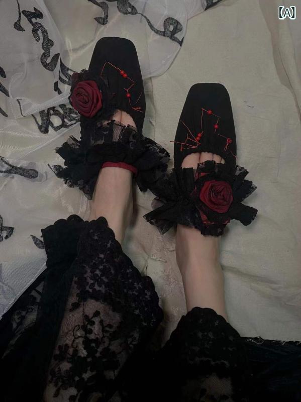 レディース 夏 サンダル ゴシック コスプレ ダーク 春 ミッド ヒール つま先 プリーツ ベルベット レース スリッパ