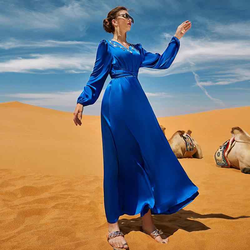 ドレス 長袖 エスニック ファッション 民族 ネイル シンプル 宮殿 ロング エレガント ウエスト 薄手 フ..