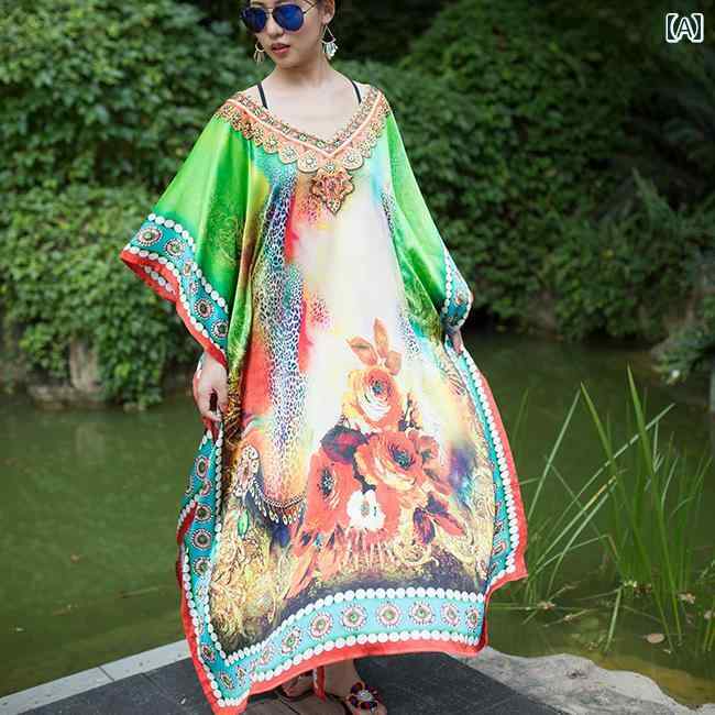 レディース エスニック ワンピース 民族衣装 インド プリント フリー サイズ ボヘミアン 牧歌的 ドレス トルコ ガウン 女性(4)