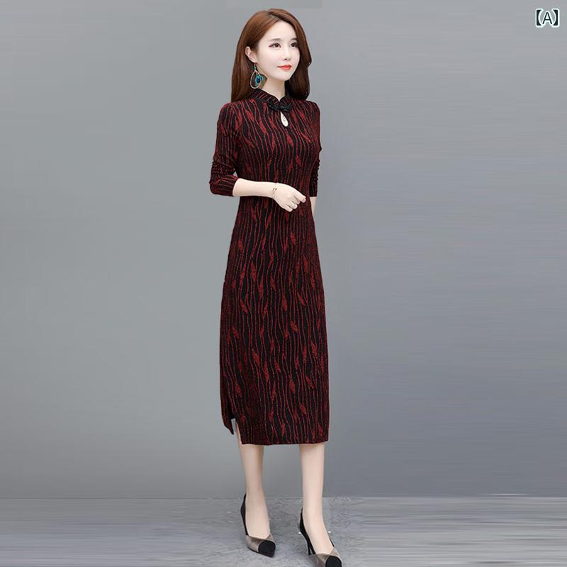 チャイナドレス ワンピース 高貴 チャイナ ドレス レディース 春秋 義母 ウェディング パーティー 母