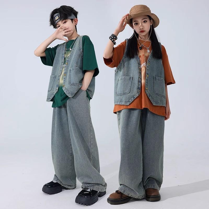 子供服 キッズ ダンス パフォーマンス 衣装 ストリート コスチューム ヒップホップ ステージ カジュアル ベスト レトロ デニム セット