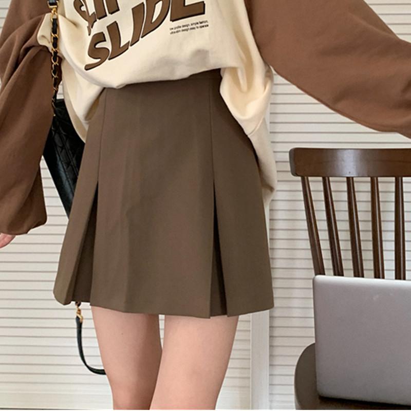スカート レディース 秋 冬 ハイウエスト スリット ヒップ カバー 着痩せ ブラウン イレギュラー プリーツ aライン ブラウン 大きいサイズ ショート